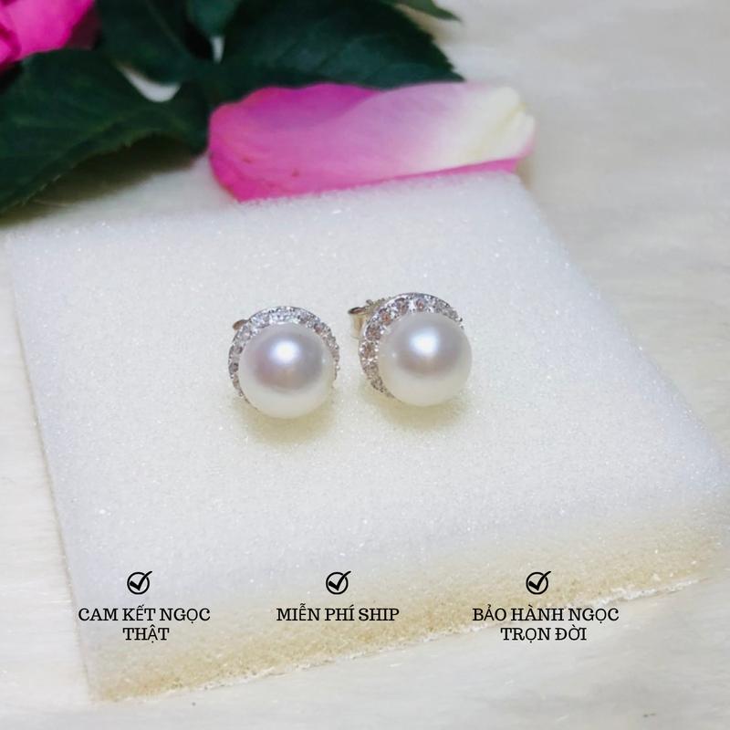 Bông tai ngọc Bán cầu 8-9li màu Trắng Kiểu một dòng xoàn 6