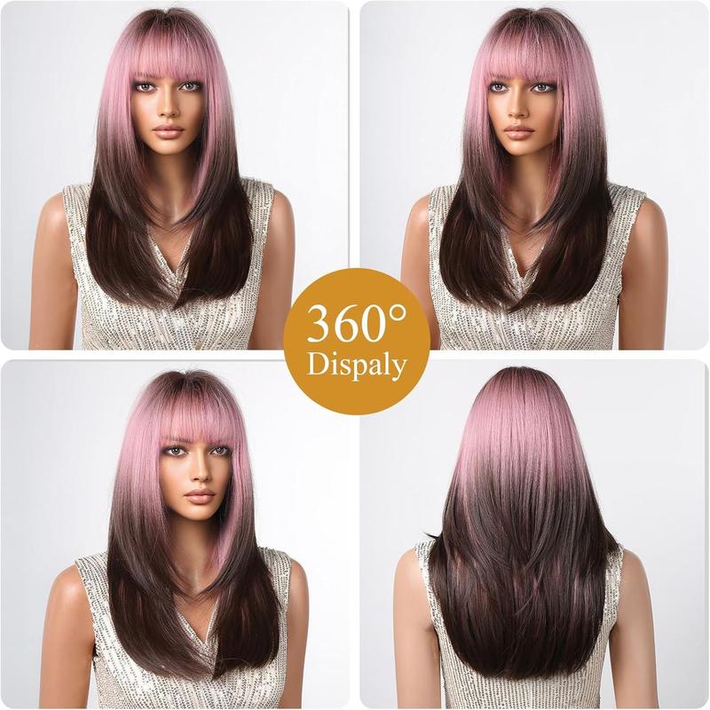 Local shipping-testar Long Ombre Pink Black Wigs For Black Women Straight Pink Brown Wigs With Thick Bangs Cosplay Wigs Colorful Wigs Synthetic Layered Hair Wigs For Daily Use 4