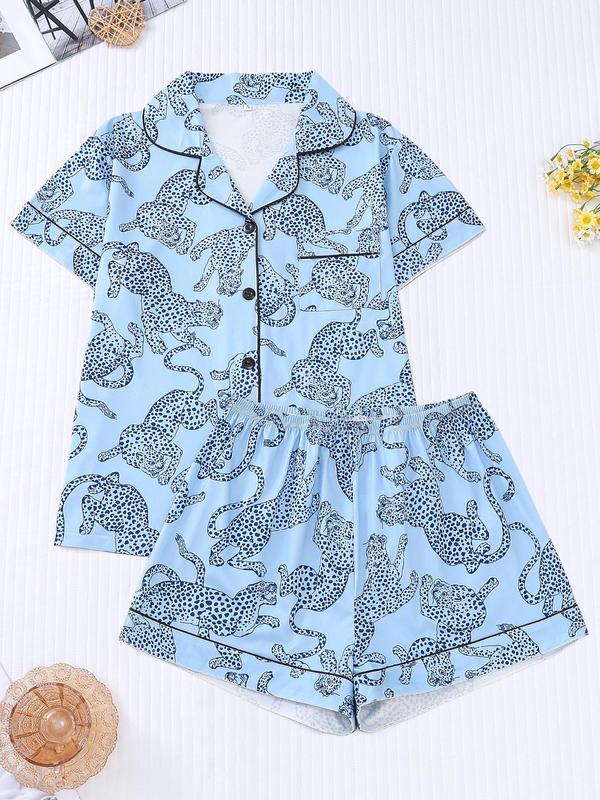 Women's Cartoon Print Contrast Binding Pocket Lapel Shirt & Elastic Waist Shorts Pyjama Set, Casual Comfy Button Front Short Sleeve Top & Shorts Pj Set, Pyjamas for Women, Pajamas, Ladies Sleepwear, Pyjamas for Women 3