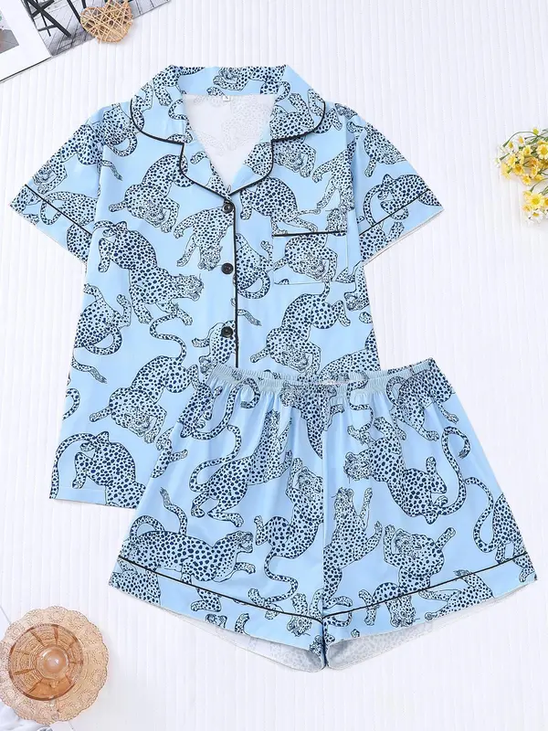 Women's Cartoon Print Contrast Binding Pocket Lapel Shirt & Elastic Waist Shorts Pyjama Set, Casual Comfy Button Front Short Sleeve Top & Shorts Pj Set, Pyjamas for Women, Pajamas, Ladies Sleepwear, Pyjamas for Women, Homewear, Womens Clothes 3