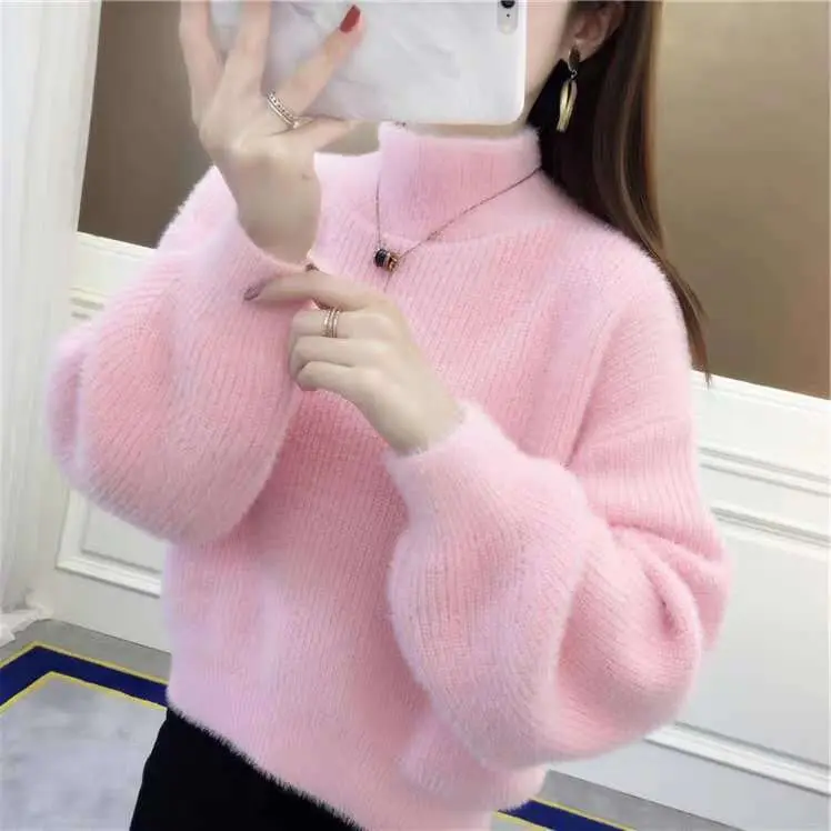 Áo Len Nữ, Lông Chồn Nhân Tạo, Áo Áo Chui Đầu Mùa Thu Và Mùa Đông, Phong Cách Thường Ngày Tay Phồng Ngắn, Áo Len Mặc Trong, Dày, Không Xơ Vải, Năm 2025 2