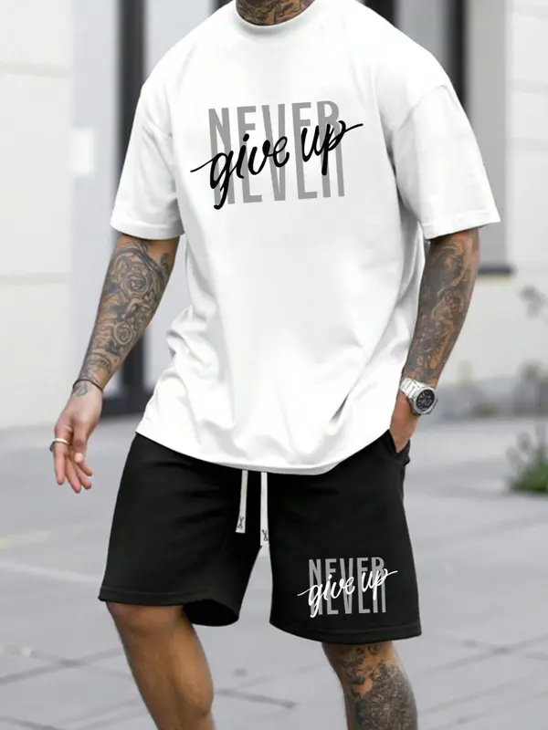 Two-Piece Set Men's Letter Print Tee & Shorts, Regular Fit Round Neck Short Sleeve T-Shirt & Track Shorts, Casual Summer Clothes Set for Outdoor 0