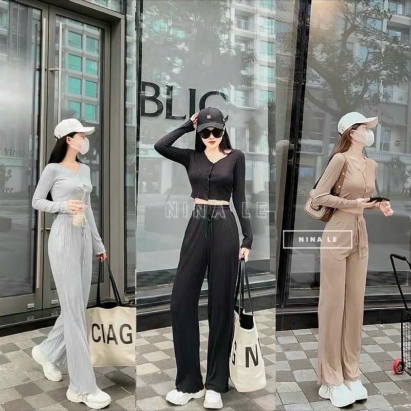 Bộ áo croptop tay dài và quần suông dài tôn dáng năng động cho nữ - Women