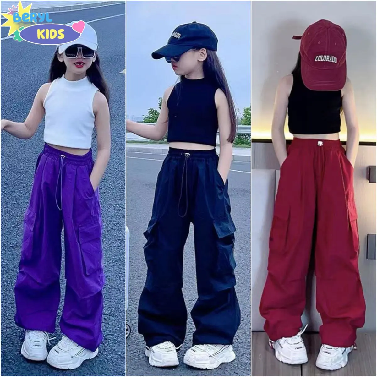 Beryl kids กางเกงคาร์โก้เด็ก ขายาวกว้าง สไตล์กีฬา ฮิปฮอปลำลอง ทรงหลวม แฟชั่น งานดี ใส่สบาย