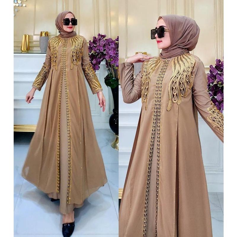 (COD)Gamis Abaya Arab SHANIA Motif Bordir Jersey Mix Ceruty Mote Swarosky Terbaru Muslim Hitam Turki Mewah 5
