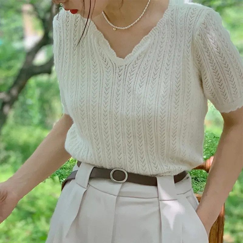 Áo Thun Dệt Kim, Phong Cách Nhẹ Nhàng, Cổ Chữ V, Ngắn Tay, Mỏng, Thiết Kế khoét