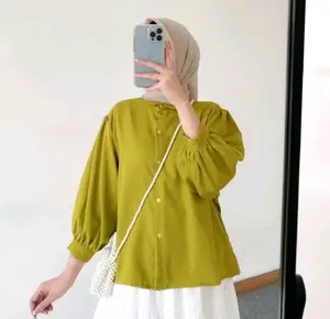 Elze blouse polos maat crinkle adem anti kusut lengan balon nyaman putih lemon blue sky Baju Muslim Panjang Santai Kancing