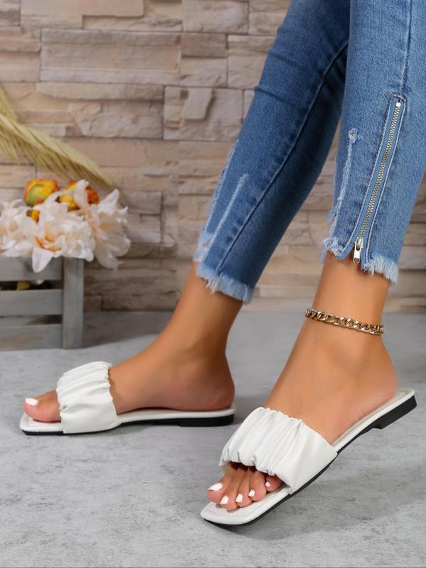 Women's Fashionable Solid Color Ruched Design Slides, 1 Pair Casual Comfortable Flat Sandals, Cute Summer Beach Square Open Toe Shoes for Daily Wear 4