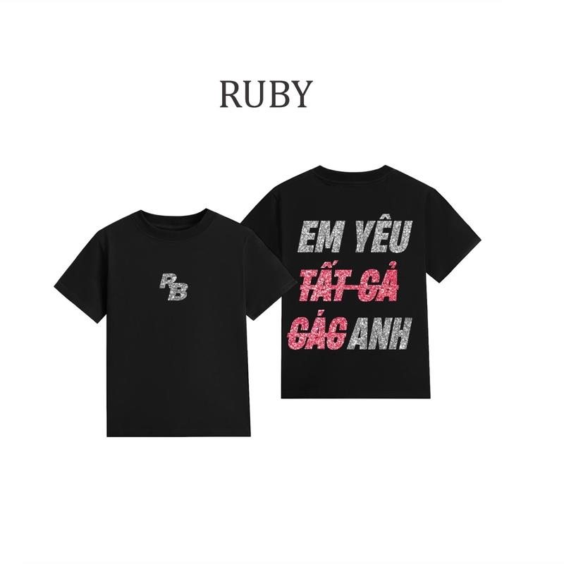    RBLUXURY   Áo Thun Nam Nữ RB EM YÊU TẤT CẢ CÁC ANH Kim Tuyến Verson Gray Thanh lịch Cotton Menswear Cổ Tròn 