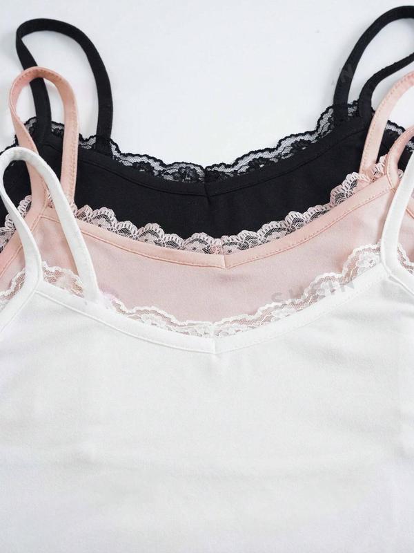 Women's Plain Lace Trim Backless Cami Top, Casual Adjustable Spaghetti Strap Scoop Neck Top, Ladies Summer Clothes for Daily Wear 3