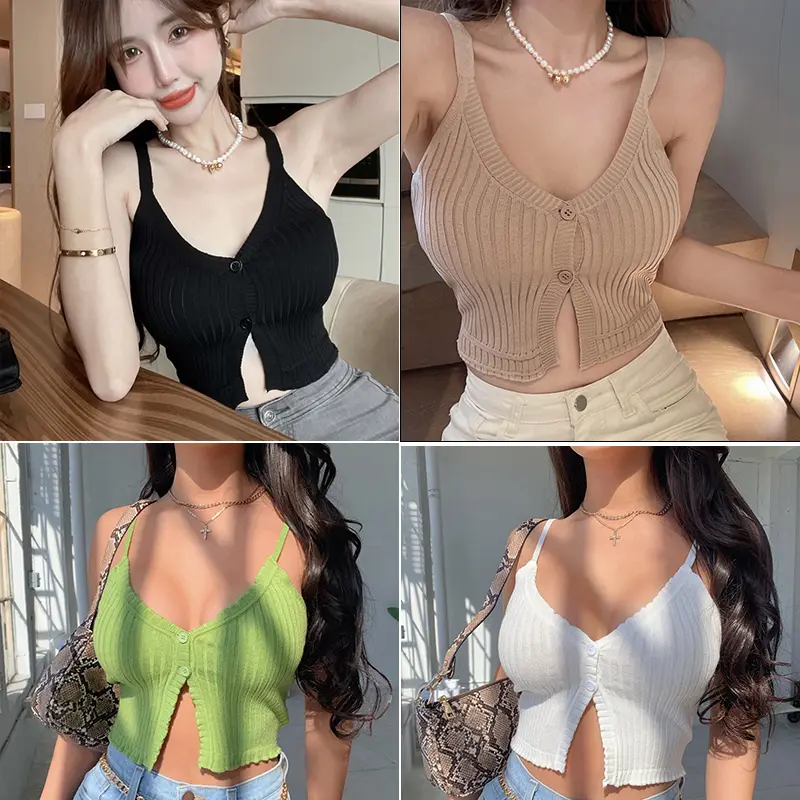 Spaghetti straps sleeveless ladies vest V-neck button frontfit summer knit bodice