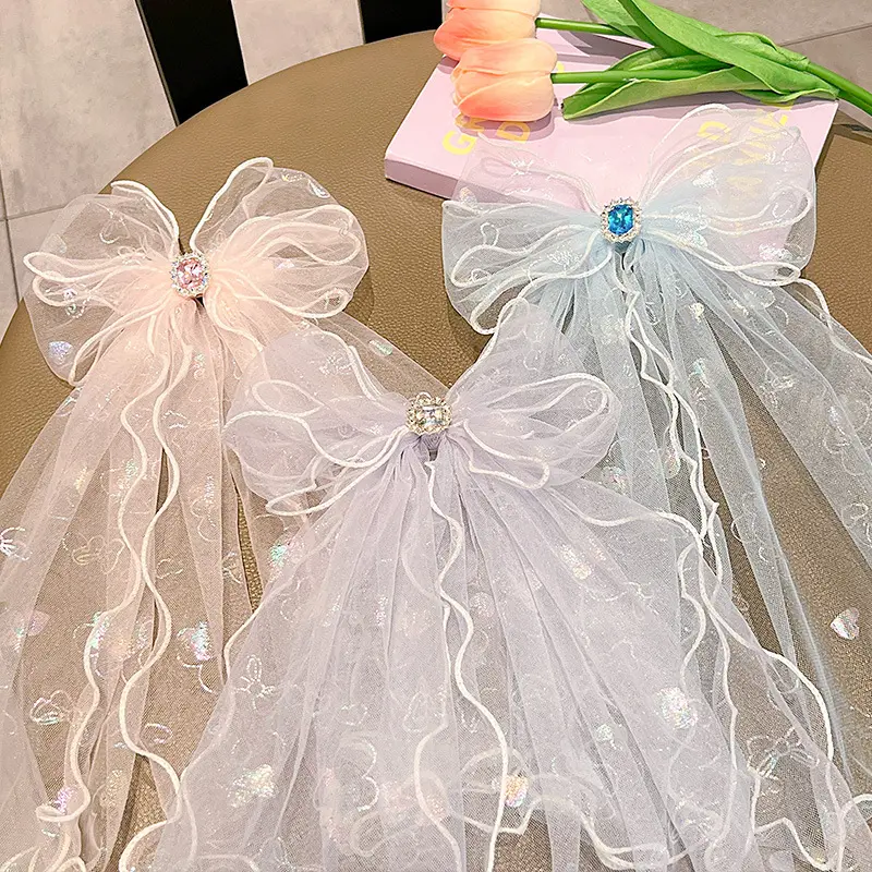 Children's Fairy Bow Hair Clip Hairpin Korean Style Tulle Princess Hair Accessories Girl Gemstone Curly Edge Ribbon Duckbill Clip