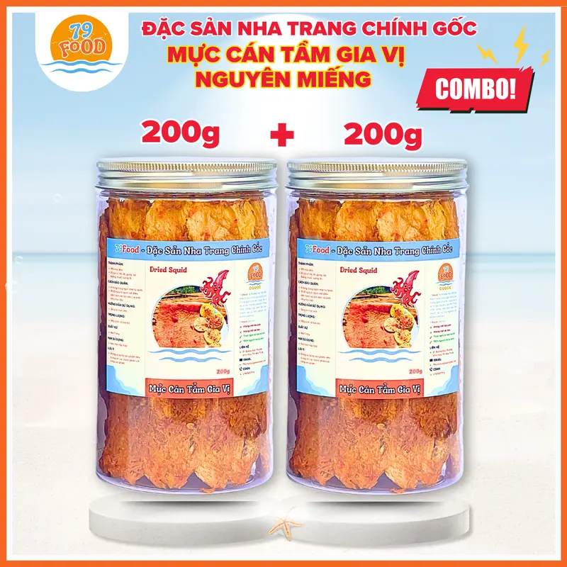 Combo 2 Hũ 400g Khô Mực Cán Tẩm Gia Vị Loại 1 Nguyên Miếng đặc sản Nha Trang chính gốc 79Food (tổng 400g) - Ăn Vặt, Snack Thức Ăn Cay khomuc 0