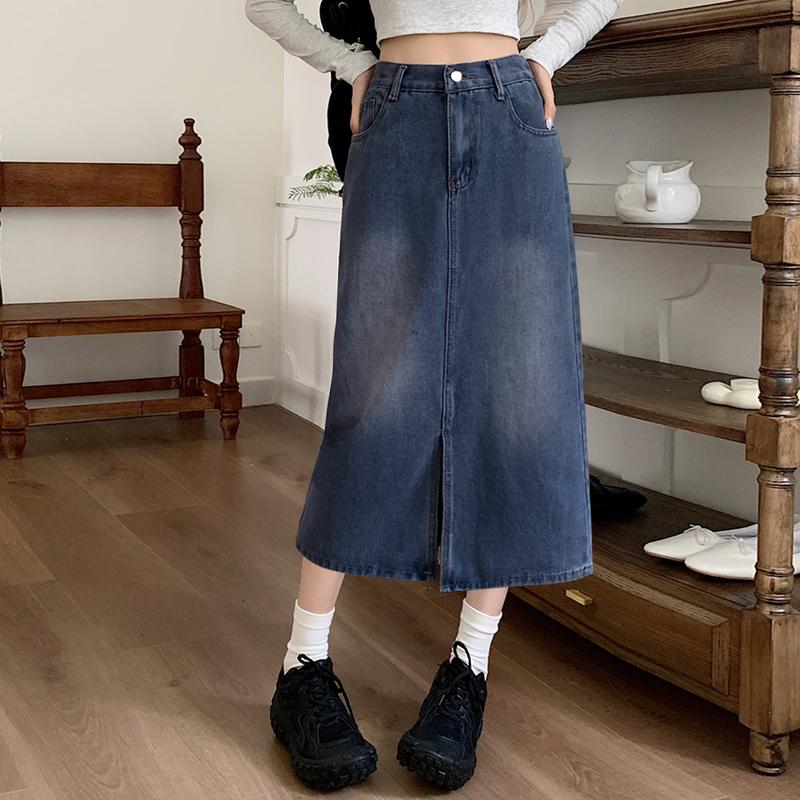 2212# Forking Denim Skirt Women Mid-Length High Waisted Hip Wrap Skirt 6