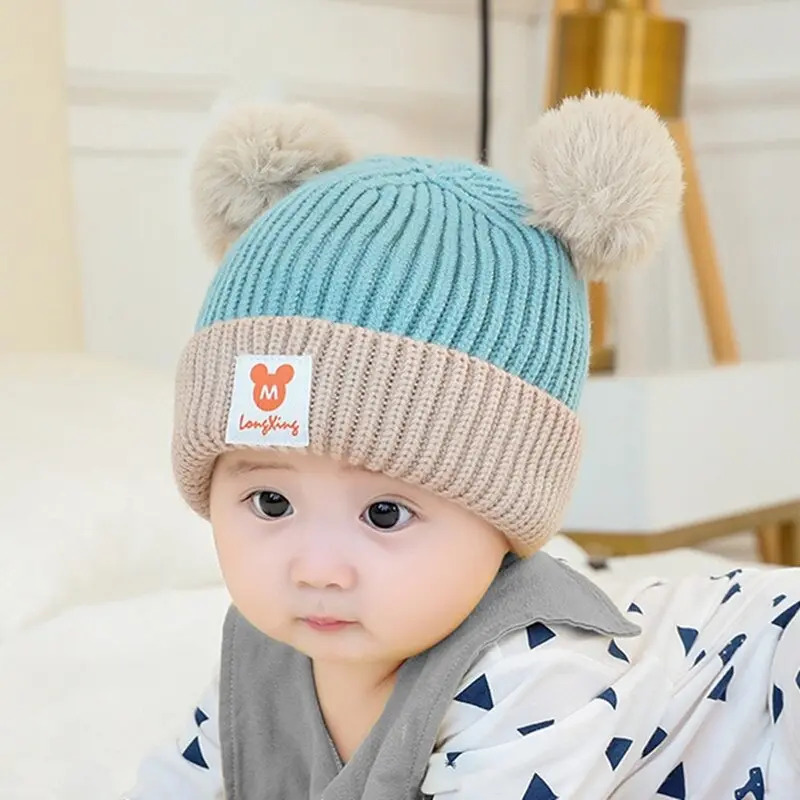Kupluk Bayi Hopeoyou Model Dua Warna Rajut dengan Hiasan Pom Pom untuk Perempuan dan Laki-Laki 2