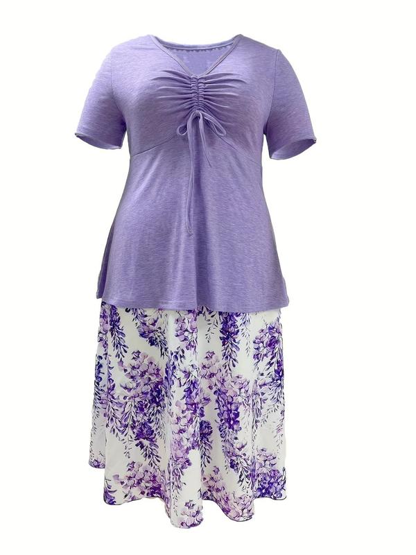 Plus Size Two-Piece Set Ruched Drawstring V Neck Tee & Floral Print Skirt Set, Summer Clothes, Short Sleeve T-shirt & Skirt Set, Co Ord Set Summer, Women's Two-piece Outfits 2