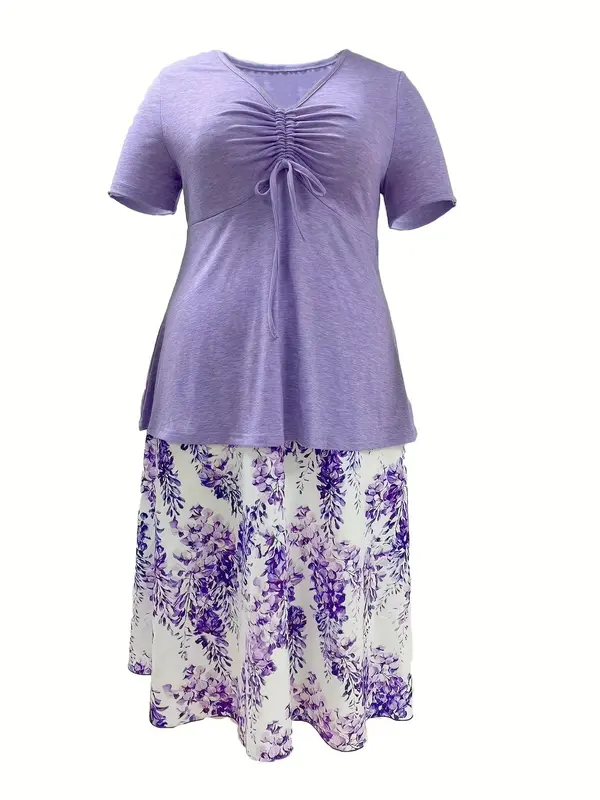 Plus Size Two-Piece Set Ruched Drawstring V Neck Tee & Floral Print Skirt Set, Summer Clothes, Short Sleeve T-shirt & Skirt Set, Co Ord Set Summer, Women's Two-piece Outfits 2