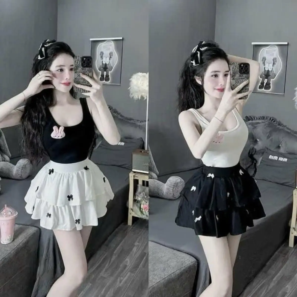 Set áo ba lỗ croptop thun tăm cá tính đính gấu bông phối chân váy thô hàn xoè tầng đính nơ trẻ trung Kem Nữ Kem Nữ Women Nhung