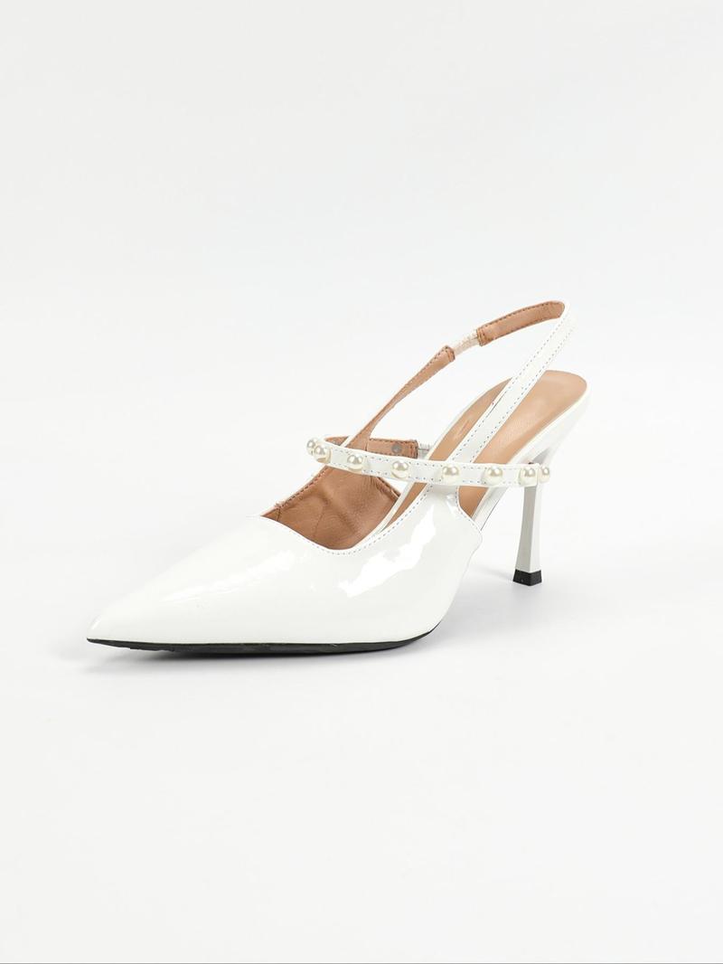 Product Introduction of Women's Fashionable Faux Pearl Decorated Stiletto Heel Shoes, Elegant Pointed Toe Slingback Heels for Party, Daily Clothing Decor for Women & Girls 4