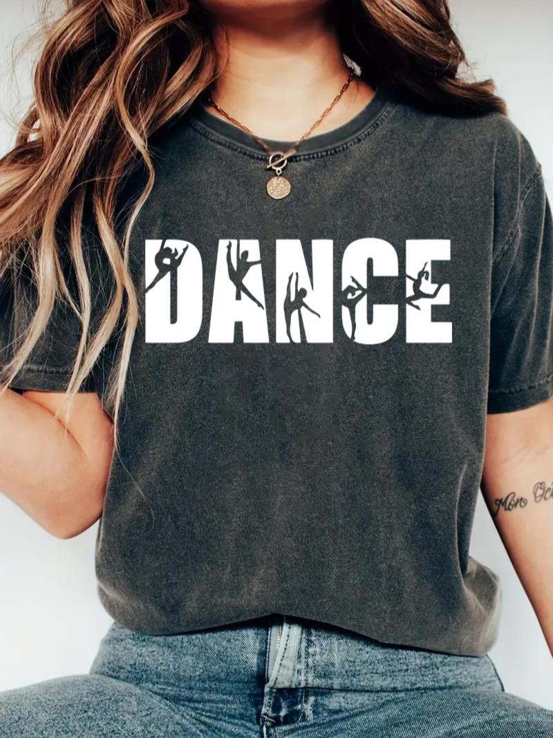 Product Introduction of Women's Dancing Silhouette & Letter Print Round Neck Tee, Casual Short Sleeve Crew Neck T-shirt for Daily Wear, Ladies Clothes for All Seasons 1