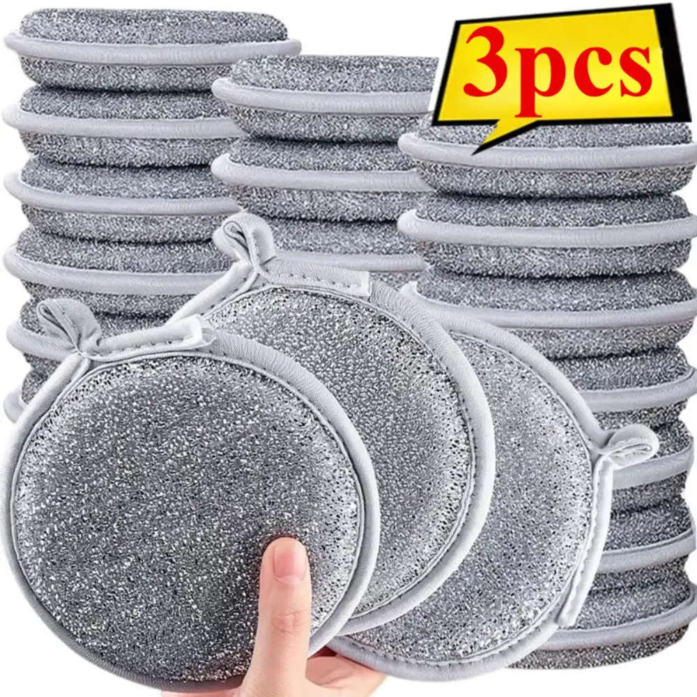 1/3pcs Double Side Dishwashing Sponge Dish Washing Brush Reusable Silver Wire Scouring Pads Household Clean Tools