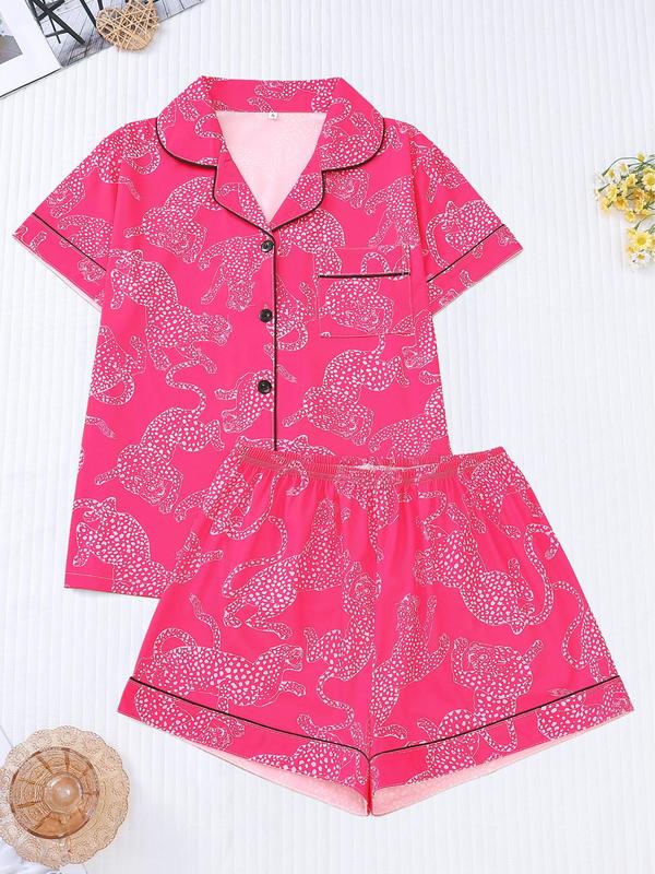 Women's Cartoon Print Contrast Binding Pocket Lapel Shirt & Elastic Waist Shorts Pyjama Set, Casual Comfy Button Front Short Sleeve Top & Shorts Pj Set, Pyjamas for Women, Pajamas, Ladies Sleepwear, Pyjamas for Women 4