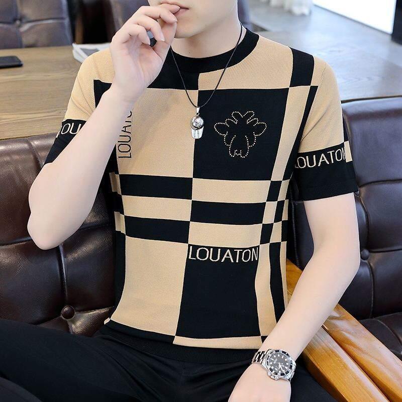Product Introduction of High-End Ice Silk Short Sleeve T-Shirt Men's Slim Fit round Neck Youthful Summer Casual Shirt Thin Fabric Collision Color 5