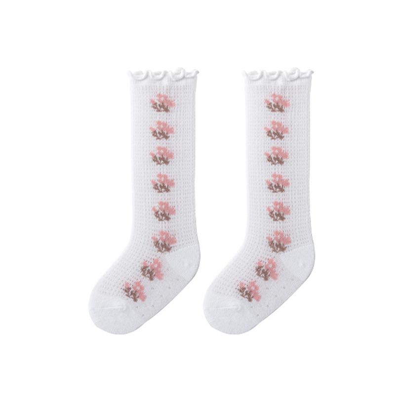 Product Introduction of Baby Socks for Girls Flower/Bear Print Mosquito Protection Mid-Calf Socks Spring Summer Breathable Kids Mesh Thin Socks 30