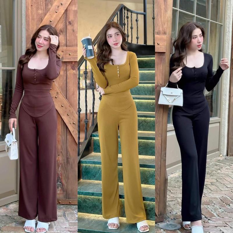 Set Bộ Quần Suông Trơn Tăm Lạnh Áo Vạt Bầu Tay Dài Phối Cúc Nữ Top Women Đen Thun Voi