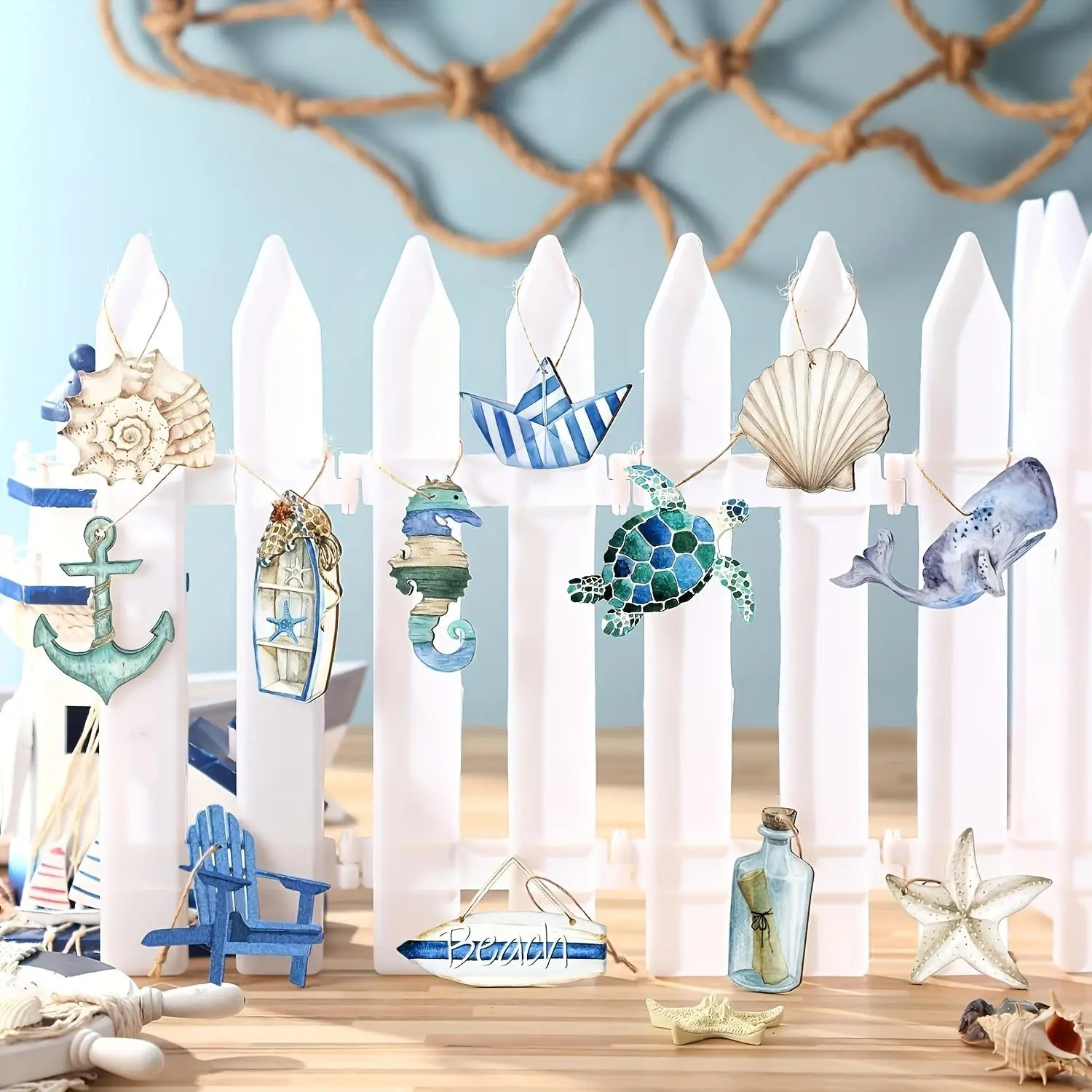 Ocean Themed Hanging Ornament, 24pcs/set Sea Life Decor, Watercolor Anchor Starfish Seashell Turtle Seahorse Boat Cutouts Decor for Xmas Home Tree