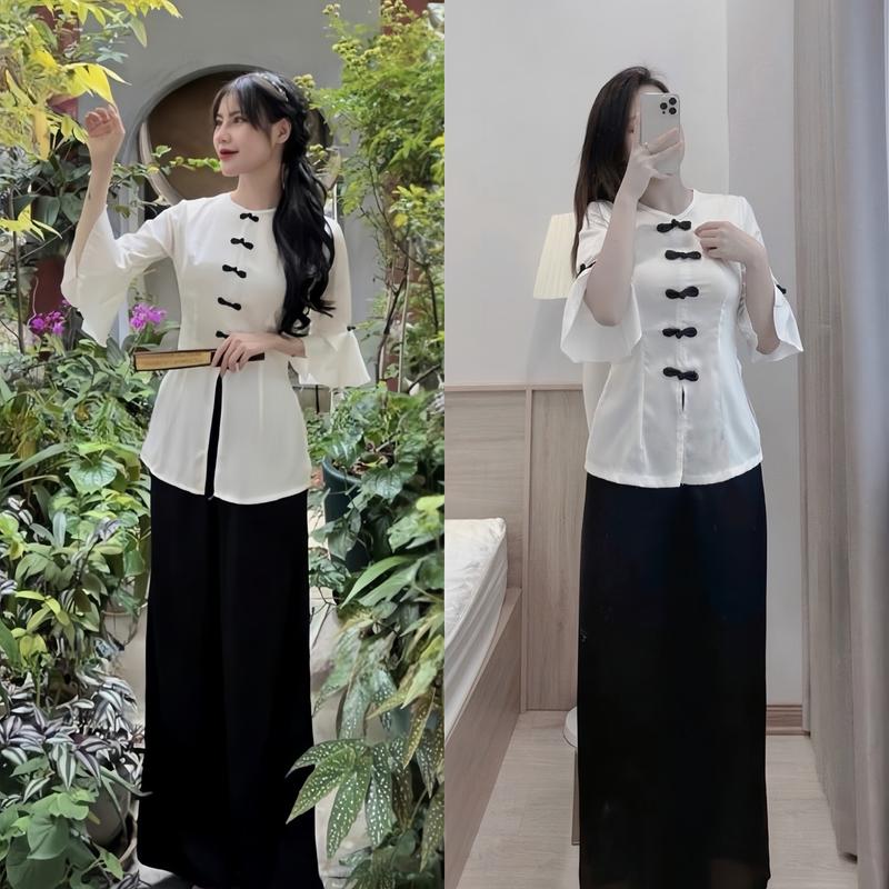 Set bộ lam áo tay loe nút tàu kèm quần dài ống rộng với tone 2 màu xinh xắn dành cho các nàng đi chùa. Nữ Top Women