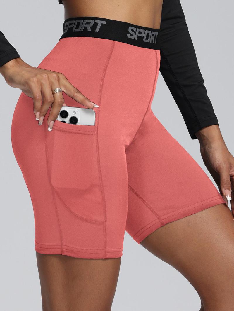 Product Introduction of Women's Solid Color Letter Tape Gym Shorts, Tight-fitting Sporty Breathable Comfortable Side Pocket Skinny Shorts for Yoga Gym Workout Running, Ladies Sportswear for All Seasons 4