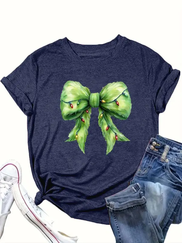 【Plus Size】 Cartoon Bow Print Round Neck Tee, Casual Short Sleeve T-shirt for Summer, Women's Clothing for Daily Wear 4