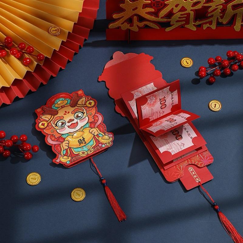 Lì xì xoè quạt Tết Ất Tỵ 2025 có 6 ngăn - 10 ngăn, bao lì xì con rồng dễ thương dạng quyển 6