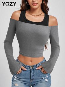 YOZY Women's 2 in 1 Cut Out Cold Shoulder Tee, Casual Flounce Sleeve Ribbed T-shirt for Fall & Winter, Women's Clothing for Daily Wear