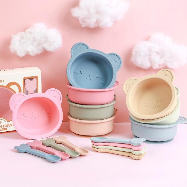 Bát ăn dặm silicon cho bé có vạch chia ml Misan kèm thìa cho bé, Bát ăn dặm cho bé silicon có đế hít chống lật Kem Thìa Silicone