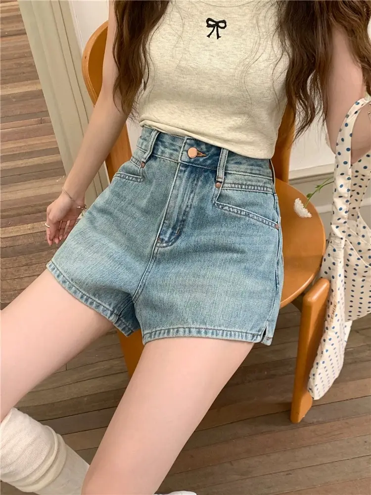 Quần short jean xẻ tà nhỏ phong cách Hàn Quốc cho nữ mùa hè lưng cao rộng rãi thời trang ôm dáng quần ống rộng