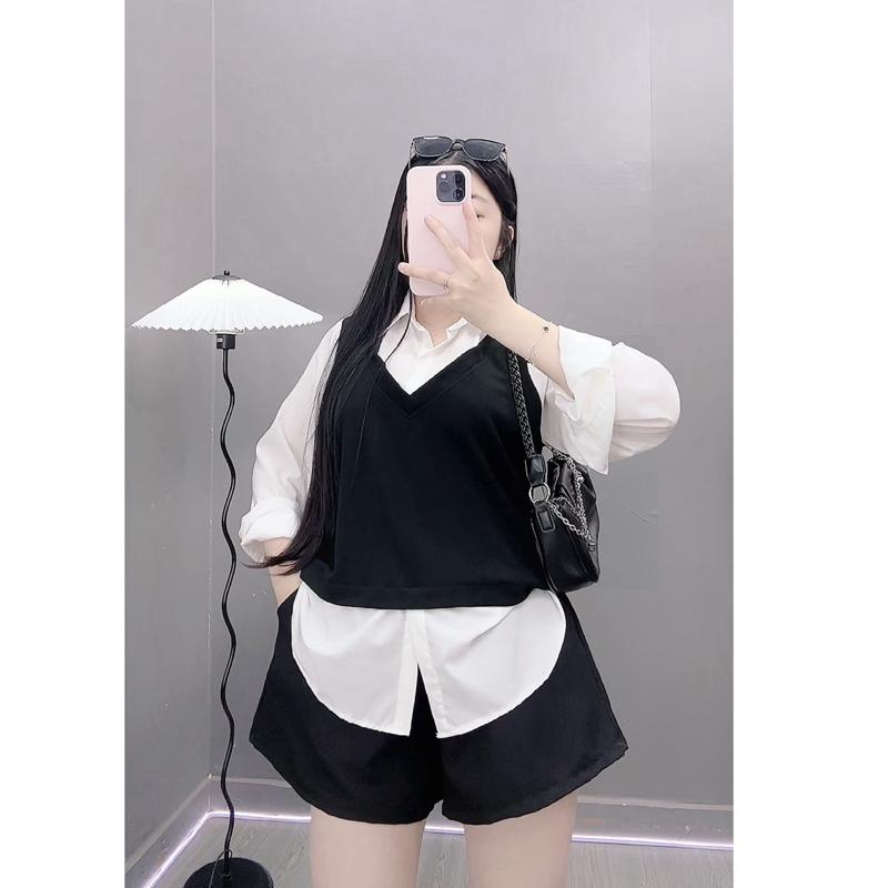 [BIGSIZE] Set Áo Sơ Mi Gile Phối Quần Short Lưng Cao (CÓ LẺ ÁO/ QUẦN) Vải Mềm Mại Phong Cách Cá Tính Cho Chuppy (58-95) Women Top Shirt SM180 Q500