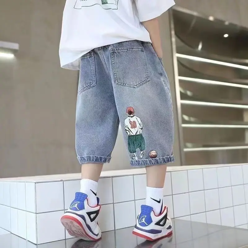 Boys' Soft Denim Middle Pants Summer 2024 New Versatile Children's Shorts Fashion Boy's Cropped Pants Thin Fashion