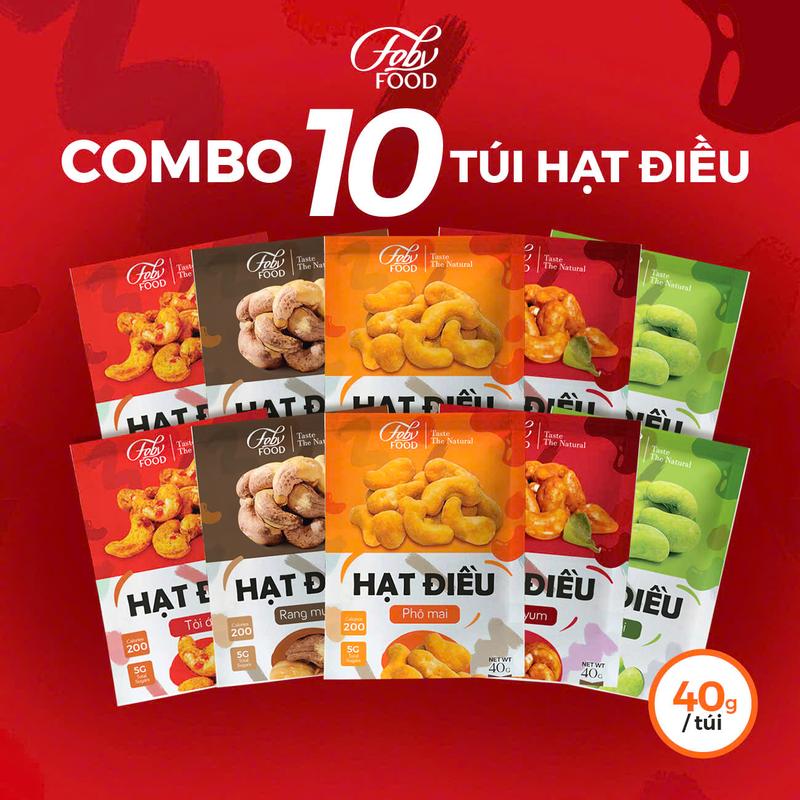 Combo 10 túi Hạt điều Bình Phước 5 vị (tổng 400g): Rang Muối, Phomai, Tỏi Ớt, Wasabi, Tomyum - Túi Ăn Vặt Tiện Lợi Nuts