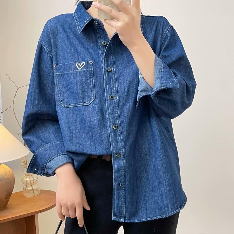 Áo Sơ Mi Jean Nữ Freesize Form Rộng Có Túi Thêu Tim Đi Chơi Đi Làm Dễ Phối Đồ | SUBICI Women Shirt