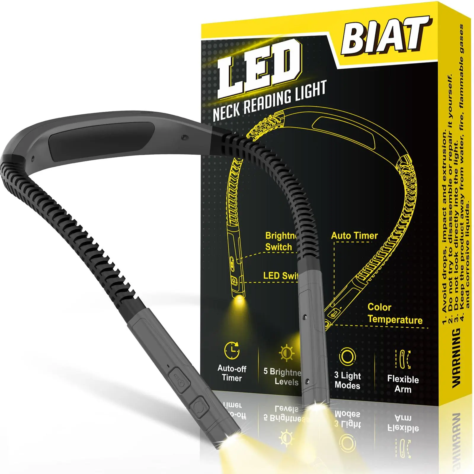 BIAT LED Neck Reading Light, Rechargeable 3-color & 3-brightness Reading Light, Perfect Neck Reading Light for Reading in Bed, Camping