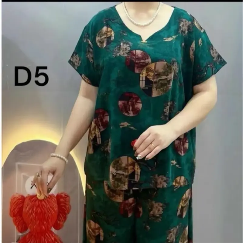 70-80kg Bộ lụa trung niên sz to béo tay cộc quần lửng, lụa,có hoa,mùa hè,áo nữ,nhiều màu Women Sen 2