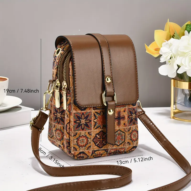 Women'S Stylish Geometric Print Shoulder Bag - Brown with Vibrant Floral & Star Design, Zipper Closure, Lightweight, Large Capacity, Perfect for Casual & Formal Occasions, Casual Shoulder Bag | Vibrant Print Bag | Durable Zipper Closure, La 0