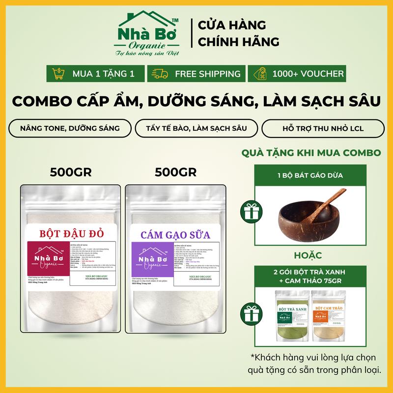 [MUA 1 TẶNG 1] - Combo 2 gói x 500g [Bột Đậu Đỏ + Bột Cám Gạo Sữa] Hỗ trợ tẩy tế bào, dưỡng sáng | Nhà Bơ Organic