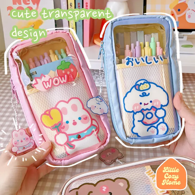 Cutie Jumbo Transparent Pencil Case / Korean Style Kotak Tempat Pensil Besar Dengan Resleting / Muat Banyak / Big Capacity With Zipper Blue Brown 3