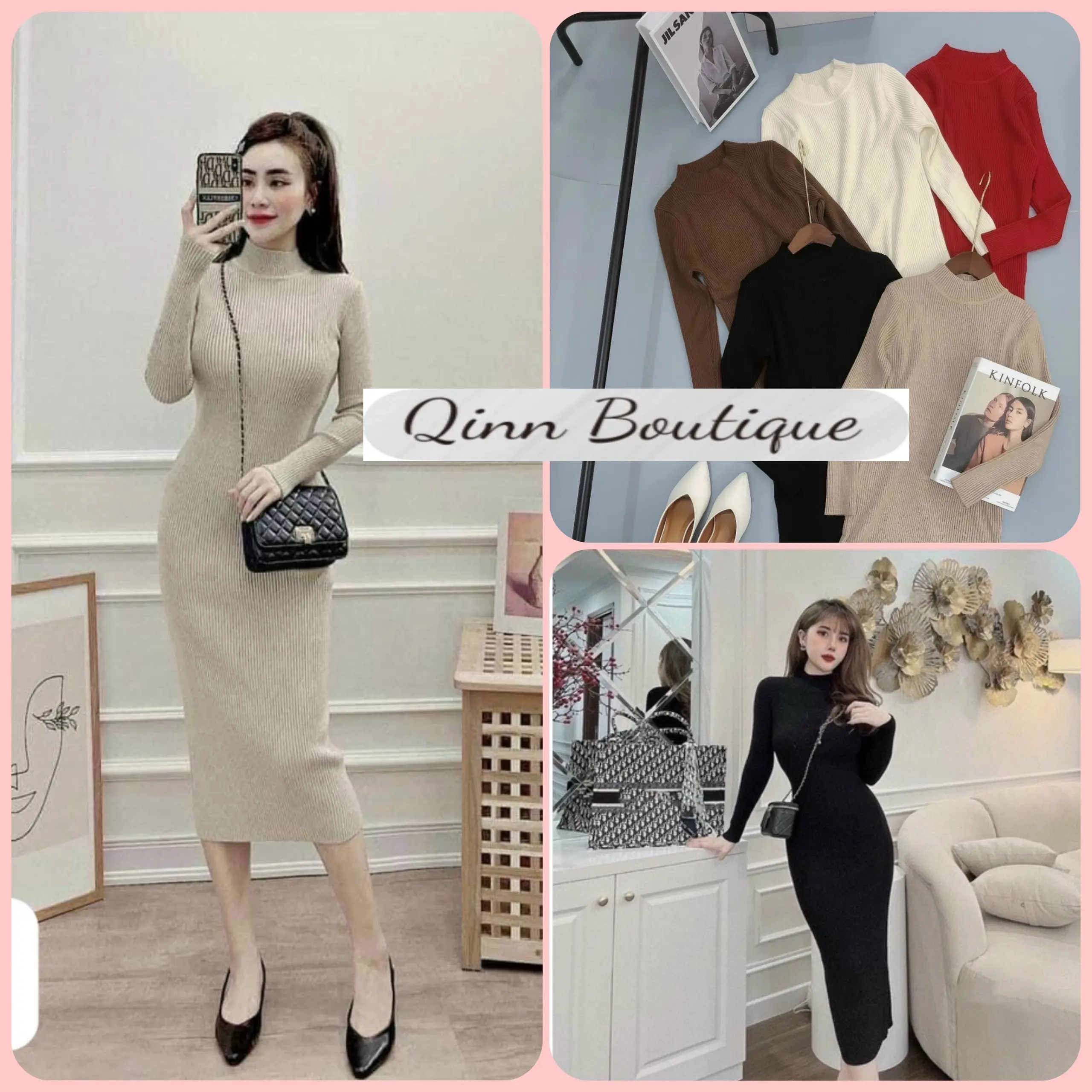 Váy len body cổ 3 phân dáng ôm body qua gối, chất len dày dặn Hàng QC loại 1 [Ảnh Thật Qinn Tự Chụp] Nữ Women Nữ Women