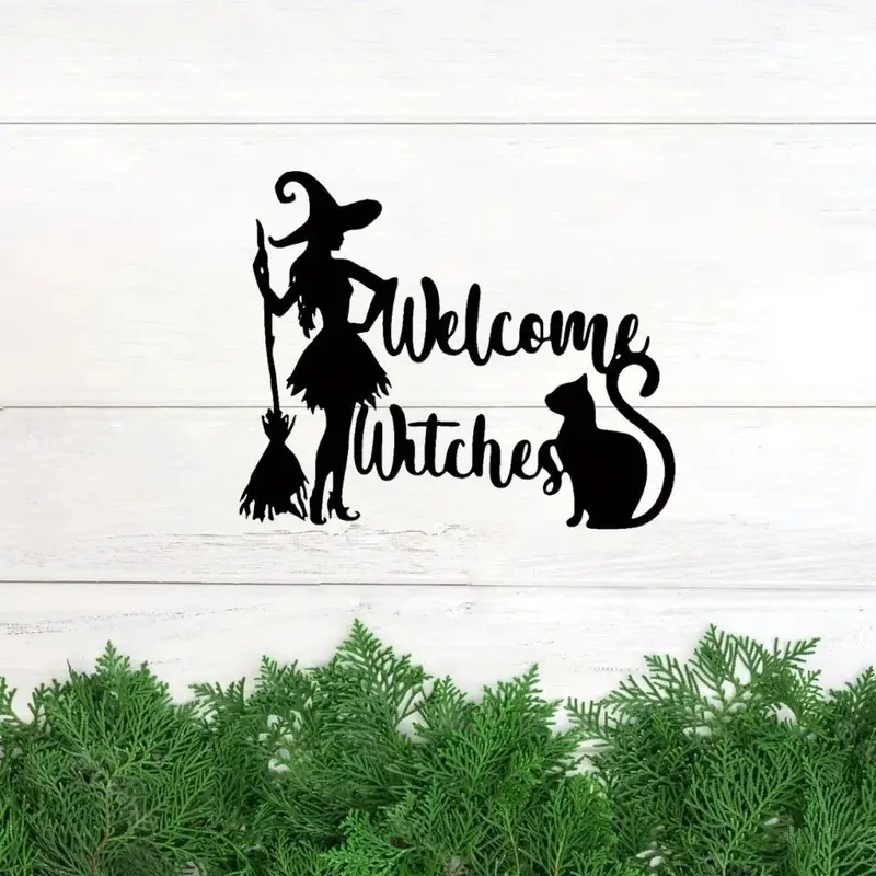 Halloween Themed Wall Art Decor, Witch & Cat & Broomstick Welcome Sign, Festive Hanging Home Decor & Holiday Door Plaque 5