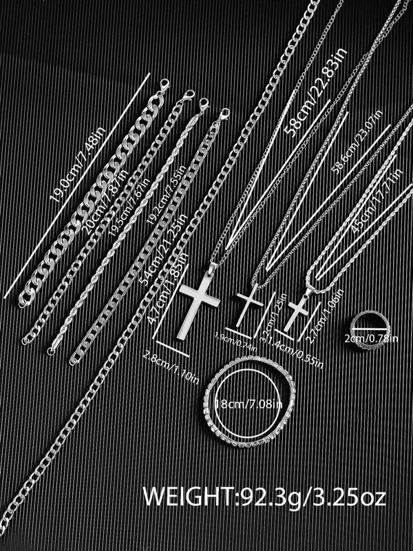 Men's Street Trend Cross Pendant & Cuban Chain Necklace, Rhinestone Decorated Chain Bracelet & Ring, Fashionable Jewelry Set As Gift without Box, Unique Gifts for Women 1