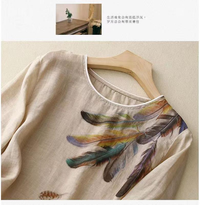 Product Introduction of Cotton and linen top retro art floral print summer New loose round neck breathable versatile thin short sleeve t-shirt 2